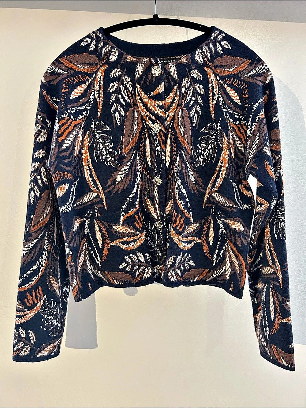Long Sleeve Blouse/Cardigan in Navy, Brown, Orange print